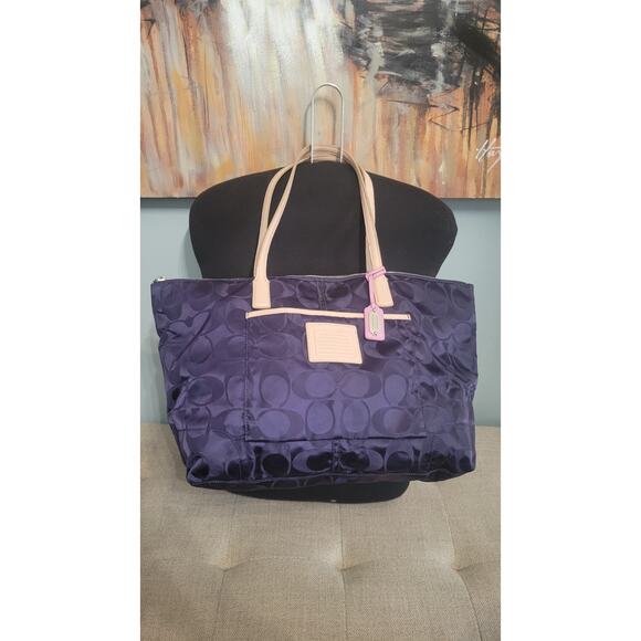 Coach Signature Nylon Tote Bag C1376-24362 Purple Beige Leather Trim Shoulder... - Picture 1 of 11